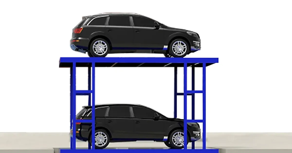 ภาพจำลองลิฟท์จอดรถใต้ดินแบบกรรไกรสีน้ำเงิน แท่นเสมอพื้นพร้อมรถ SUV 2 คัน