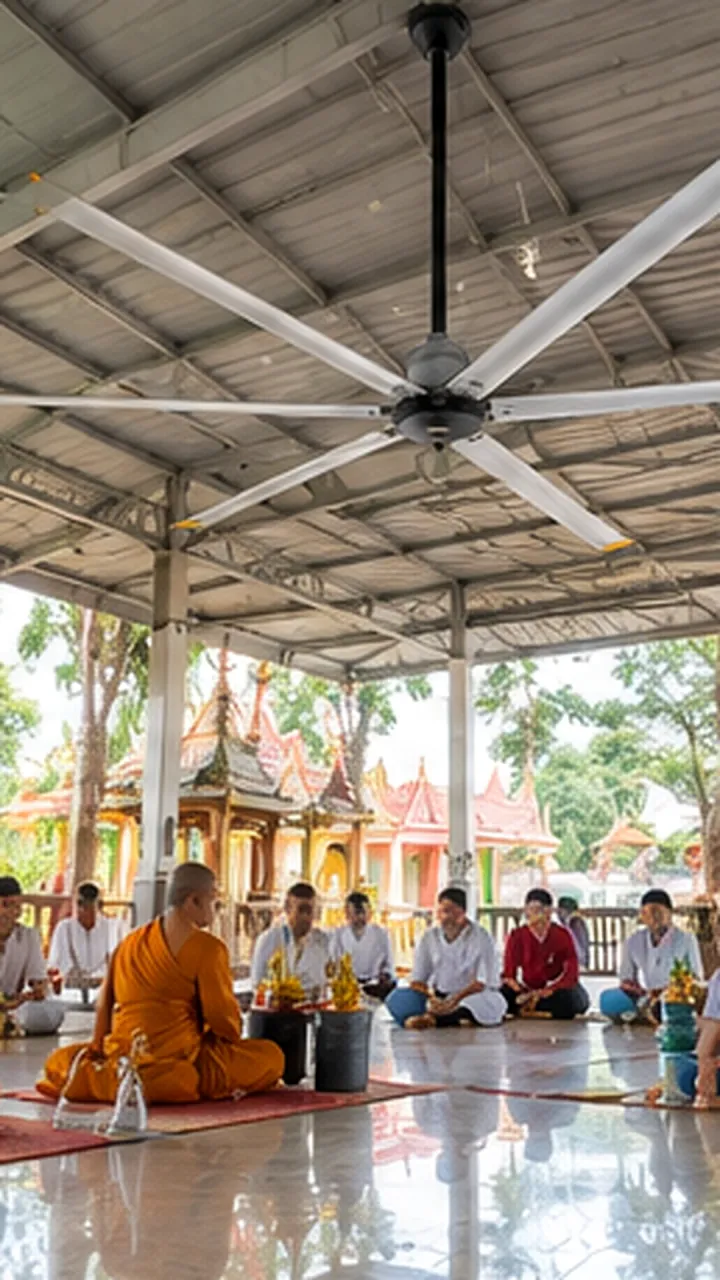 พัดลมยักษ์ใต้หลังคาศาลาวัด พระสงฆ์และญาติโยมนั่งประกอบพิธี