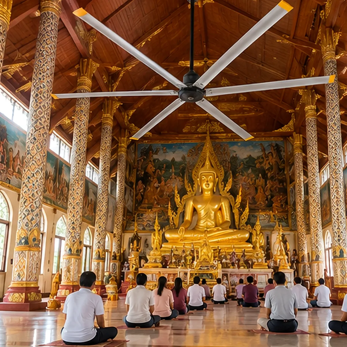 พัดลมยักษ์ HVLS 6 ใบพัดใต้หลังคาอุโบสถไทย ญาติโยมนั่งปฏิบัติธรรมหน้าพระประธาน