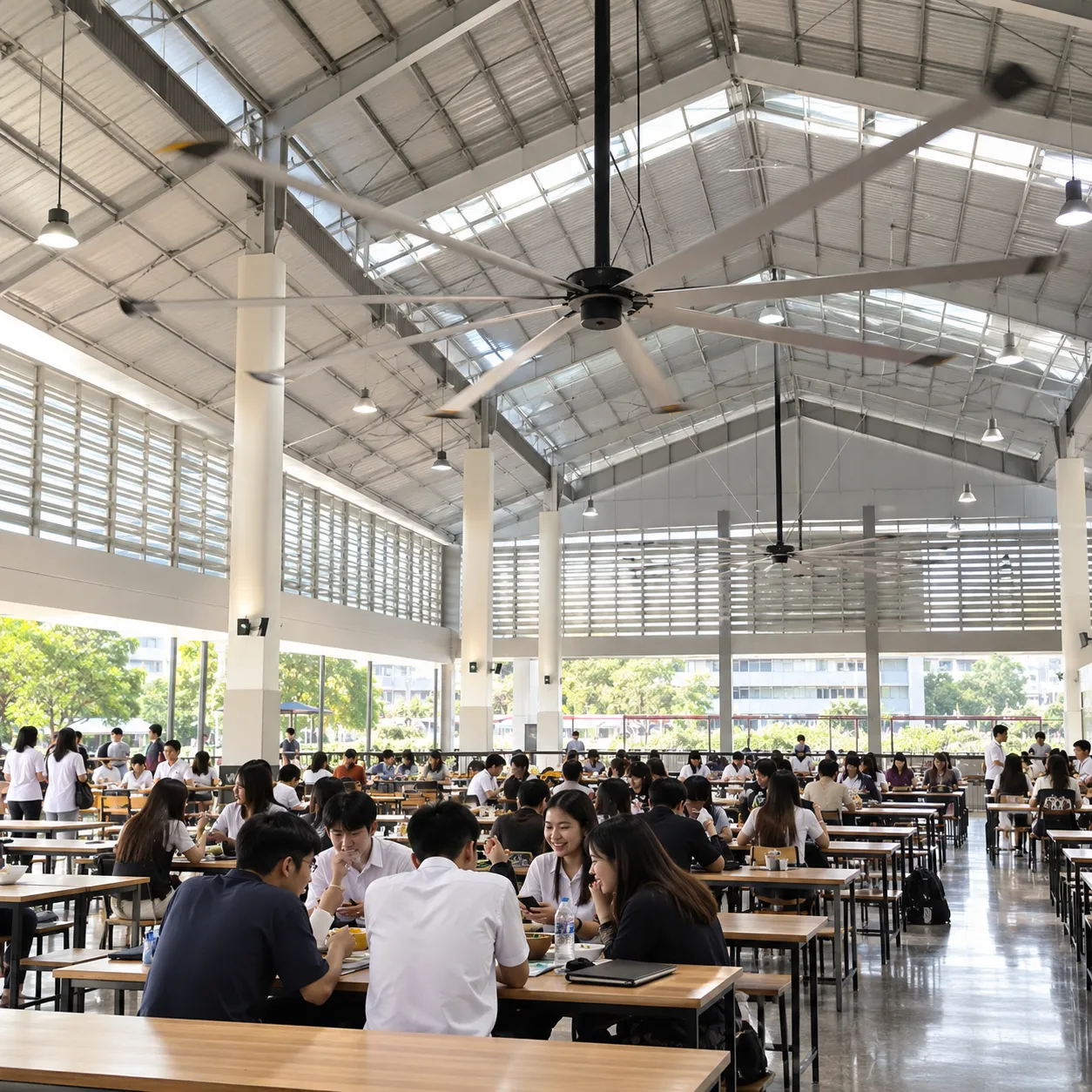 พัดลมยักษ์ใต้หลังคาโปร่งแสงของโรงอาหาร นักเรียนนั่งรับประทานอาหารที่โต๊ะยาว
