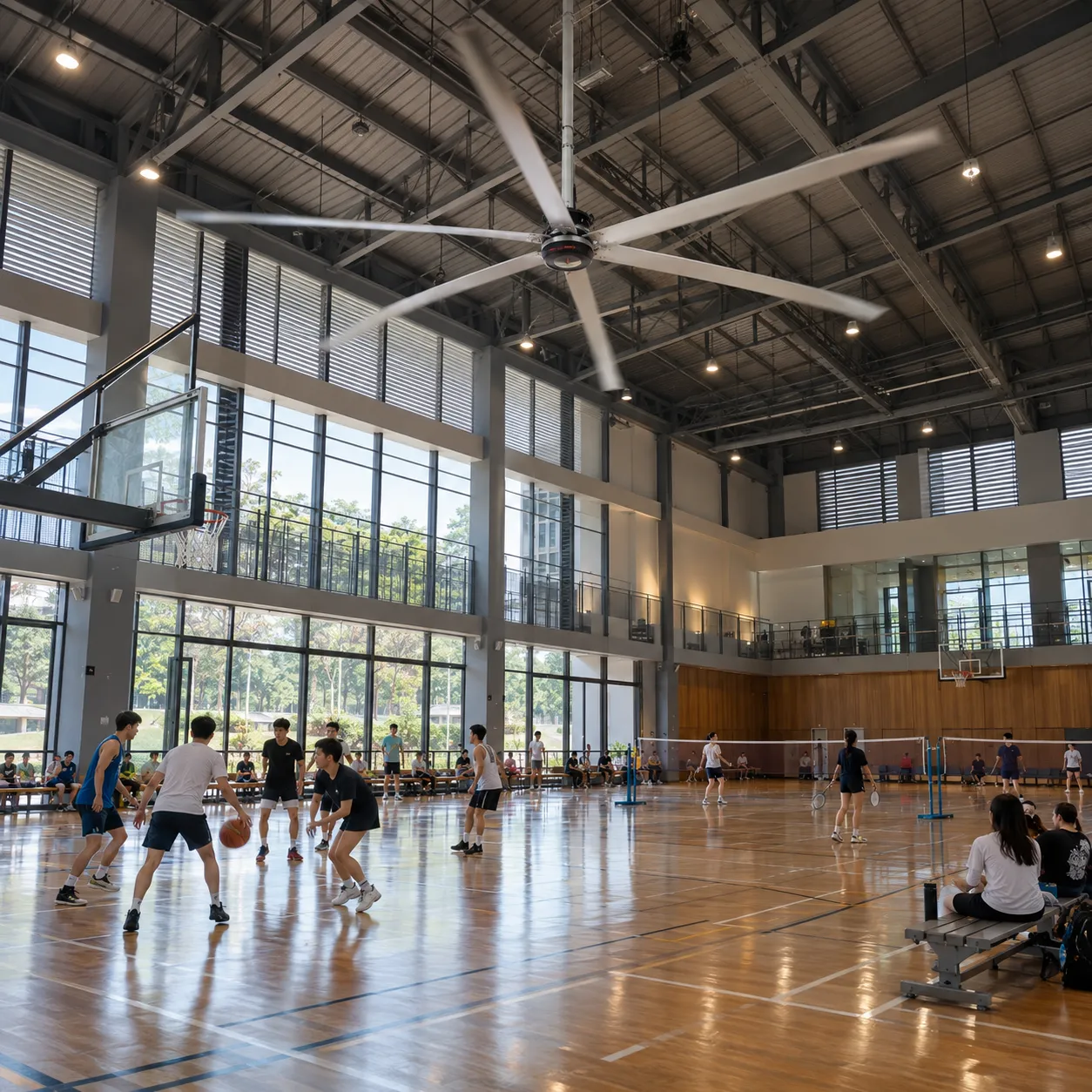 พัดลมยักษ์ HVLS ใต้หลังคาโรงยิมของโรงเรียน นักเรียนเล่นบาสเกตบอลและแบดมินตันบนพื้นไม้