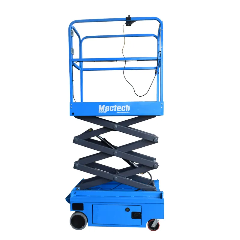 ลิฟท์กรรไกรยกของ Mactech 3 เมตร รุ่นขับได้ สีฟ้า ขนาดกะทัดรัด