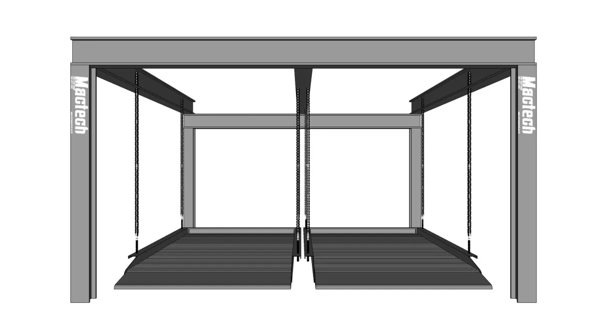 ภาพ 3D ลิฟท์จอดรถแบบสลิง 4 คัน มองด้านหน้า เห็นแท่นจอด 2 แท่นเคียงกัน