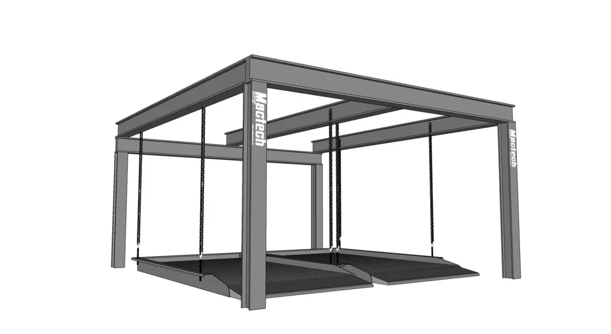ภาพ 3D ลิฟท์จอดรถแบบสลิง 4 คัน มองเฉียงจากอีกด้าน