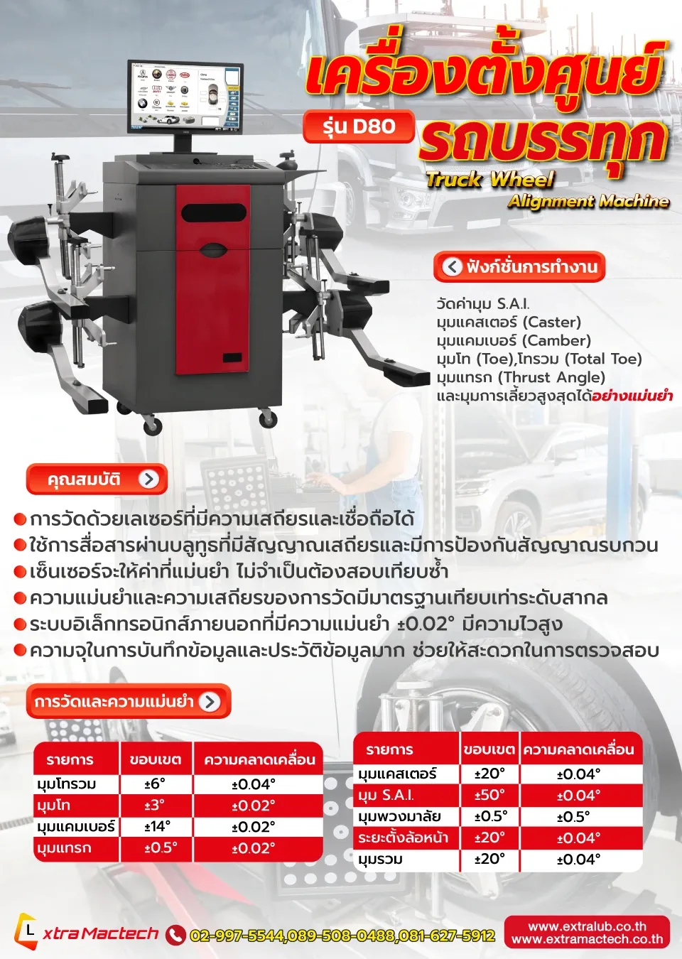 อินโฟกราฟิกเครื่องตั้งศูนย์รถบรรทุก D-80 พร้อมตารางช่วงวัดและความแม่นยำ