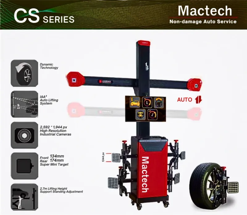 เครื่องตั้งศูนย์ล้อ Mactech CS Series รุ่น CS 6 ตู้สีแดง เสายกแขนกล้องอัตโนมัติ พร้อมเป้าวัดขนาดเล็ก