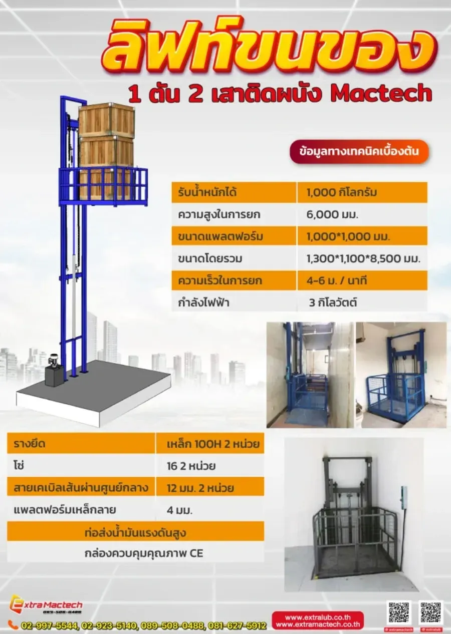 อินโฟกราฟิกสเปกลิฟท์ขนของ 1 ตัน 2 เสาติดผนัง