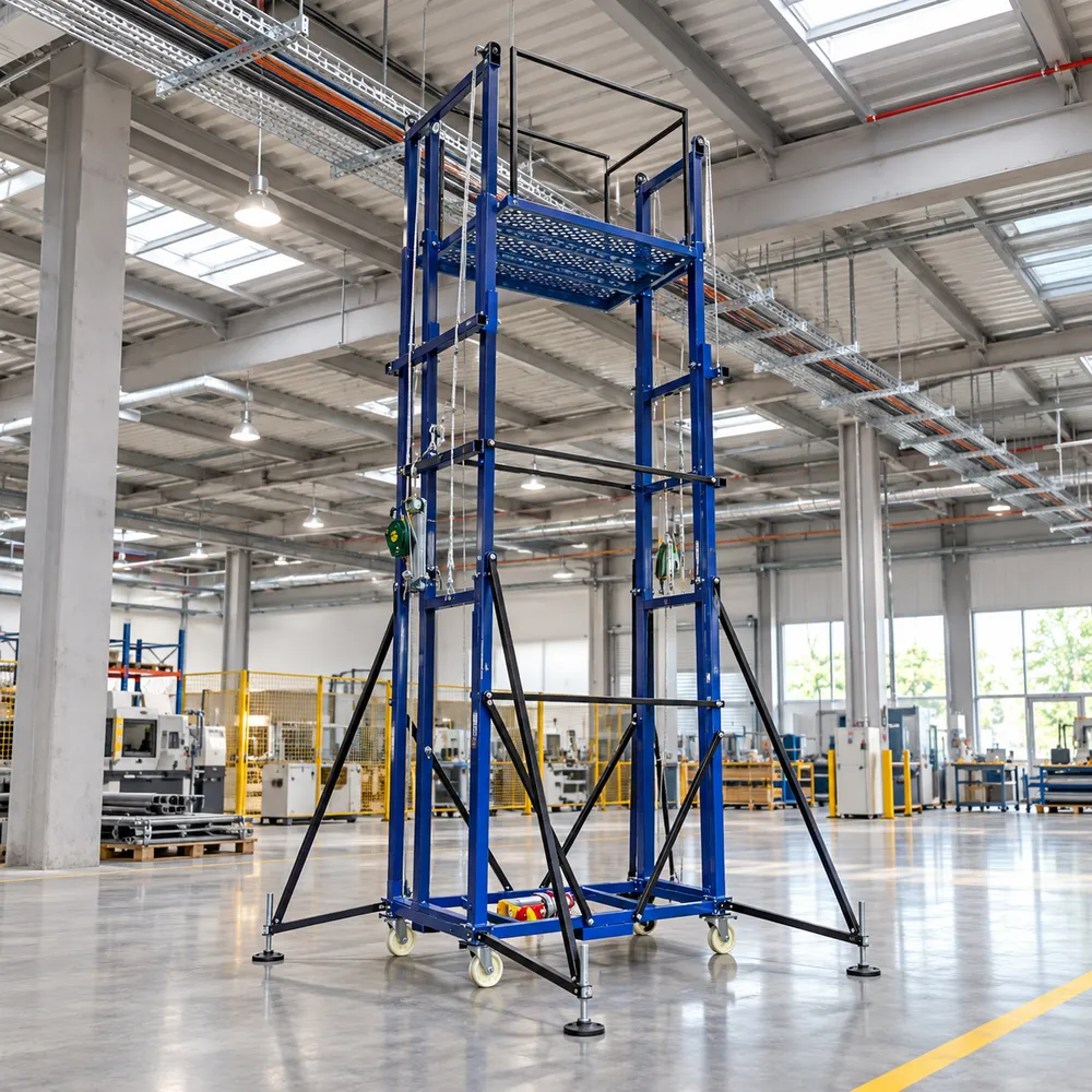ภาพจำลองนั่งร้านไฟฟ้า Mactech ในโรงงานอุตสาหกรรม ใต้รางสายไฟเหนือศีรษะ