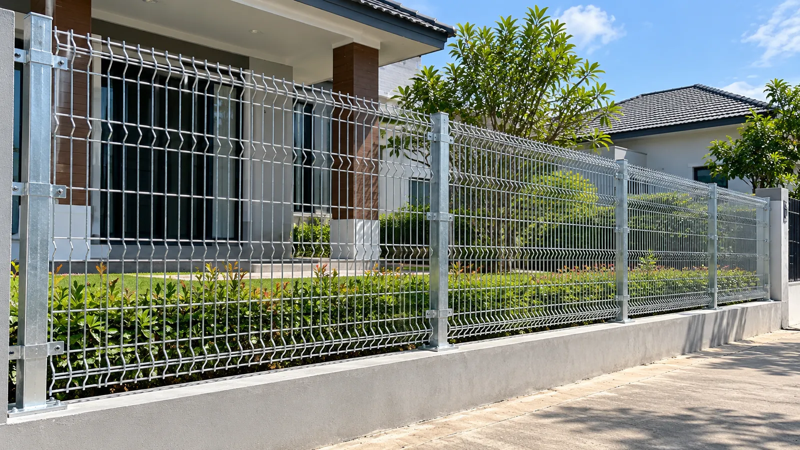รั้วตะแกรงเหล็กเรียงยาวบนกำแพงเตี้ยหน้าบ้าน