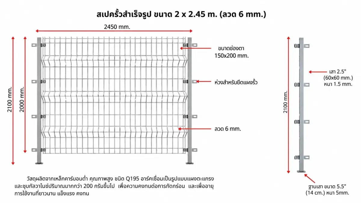 ภาพสเปกรั้วสำเร็จรูป Mactech แผงกว้าง 2,450 มม. สูง 2,000 มม. ช่องตา 150 × 200 มม. เสา 2.5 นิ้ว สูง 2,100 มม. ฐานเสา 5.5 นิ้ว