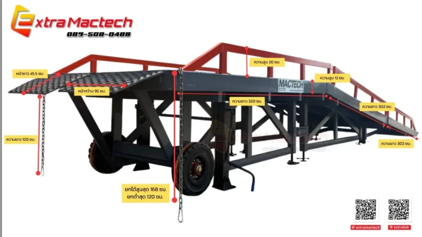 สะพานโหลดสินค้า Mactech 10 ตัน แบบ 3 ท่อน โครงเหล็กดำราวกันตกสีแดง พร้อมระบุขนาดแต่ละท่อน