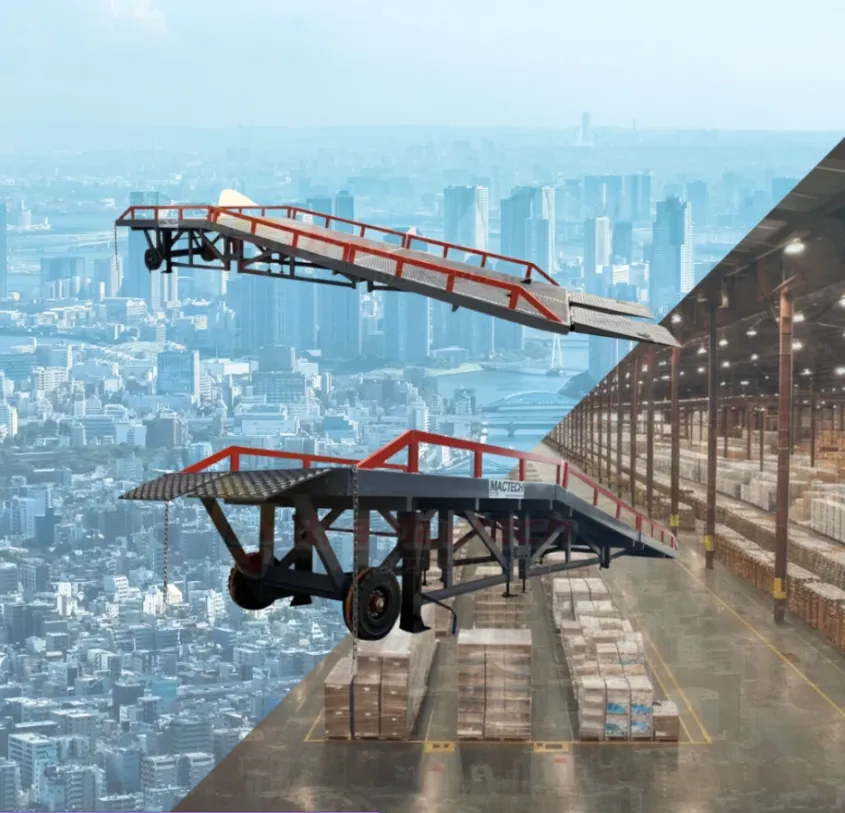 สะพานโหลดสินค้าแบบ 3 ท่อน ราวกันตกสีแดง บนพื้นหลังเมืองและคลังสินค้า
