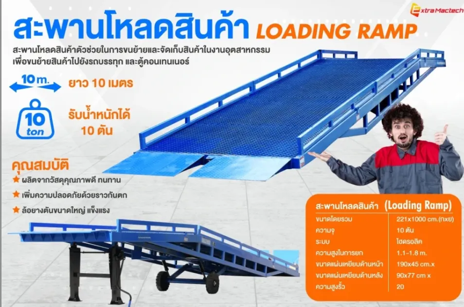 อินโฟกราฟิกสะพานโหลดสินค้า Loading Ramp ยาว 10 เมตร รับน้ำหนัก 10 ตัน พร้อมตารางสเปก