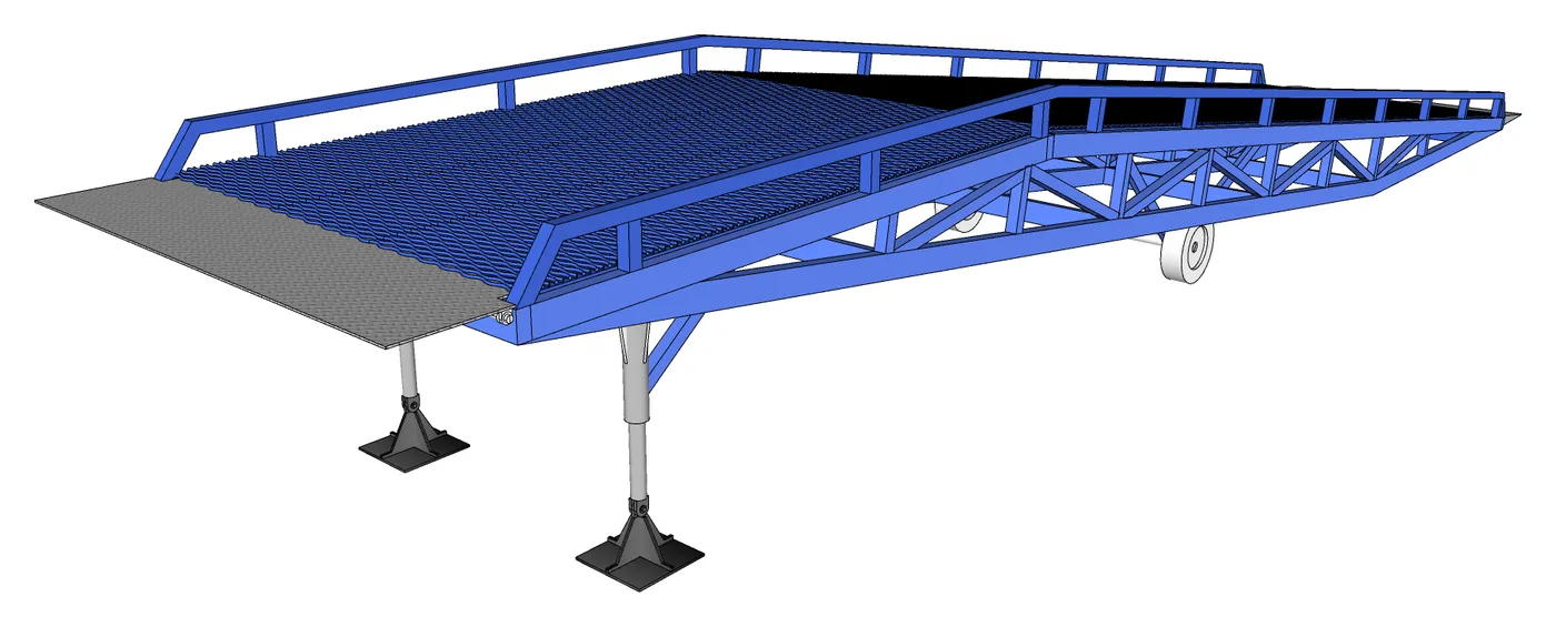 ภาพ 3D ปลายสะพานโหลดสินค้า ขาค้ำ 2 ข้างพร้อมแผ่นรองฐาน