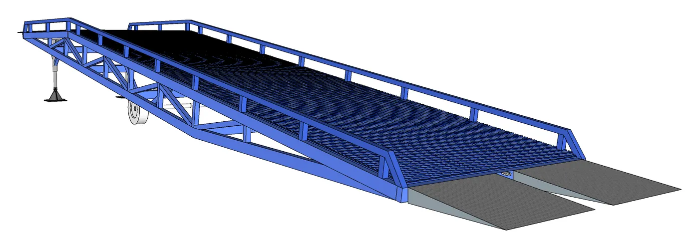 ภาพ 3D สะพานโหลดสินค้าสีน้ำเงิน โครงถักใต้พื้นและแป้นเหยียบ