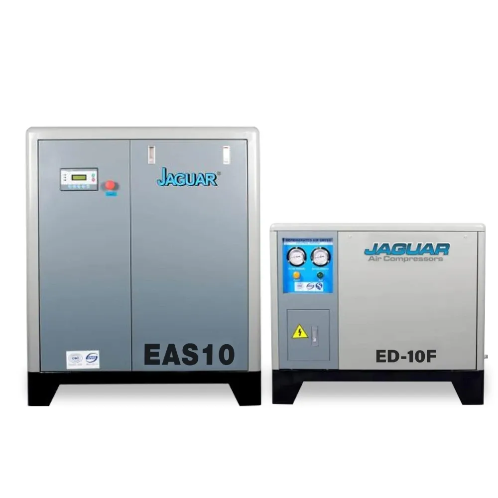 ตัวเครื่องปั๊มลมสกรู EAS10 คู่แอร์ดรายเออร์ ED-10F บนพื้นขาว