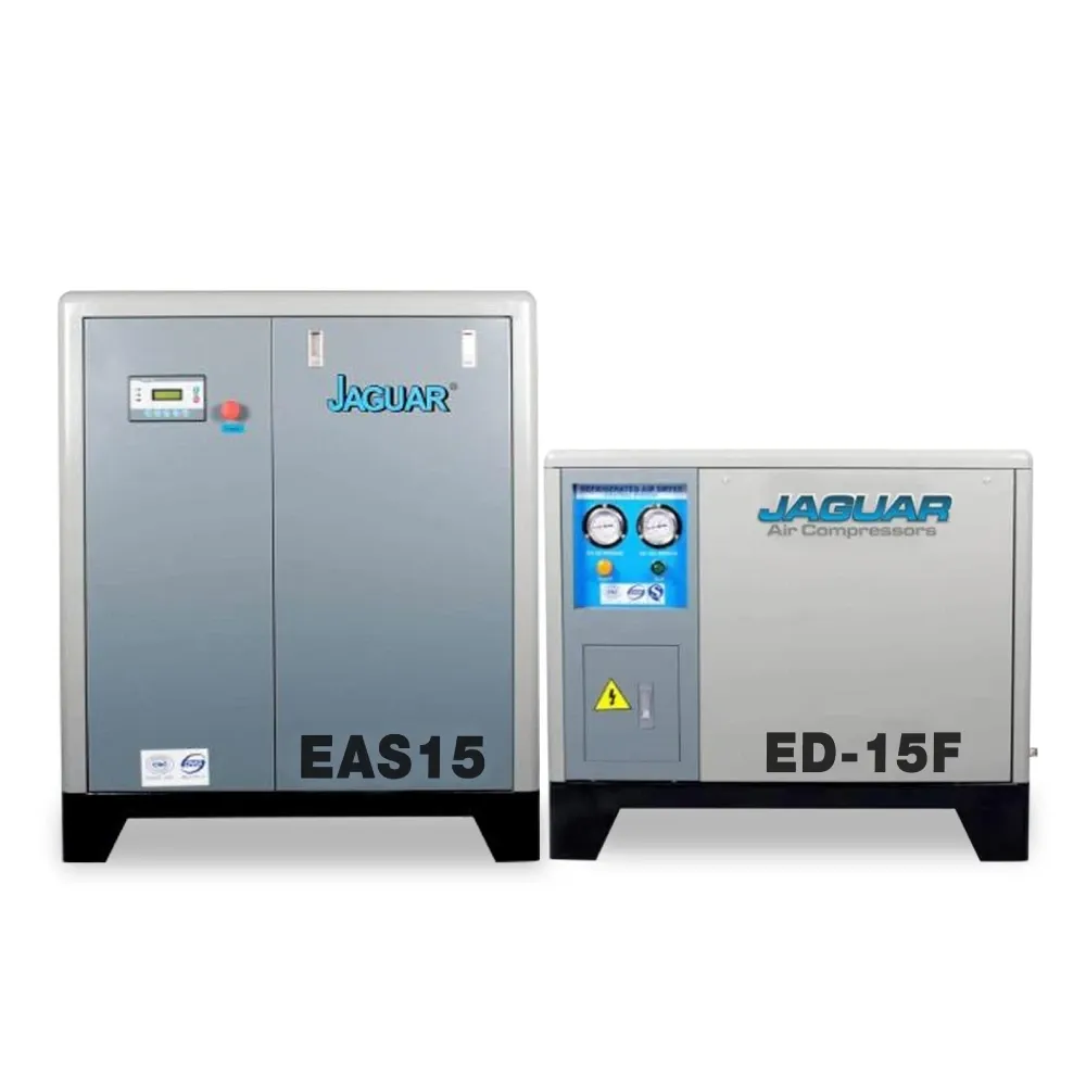 ตัวเครื่องปั๊มลมสกรู EAS15 คู่แอร์ดรายเออร์ ED-15F บนพื้นขาว