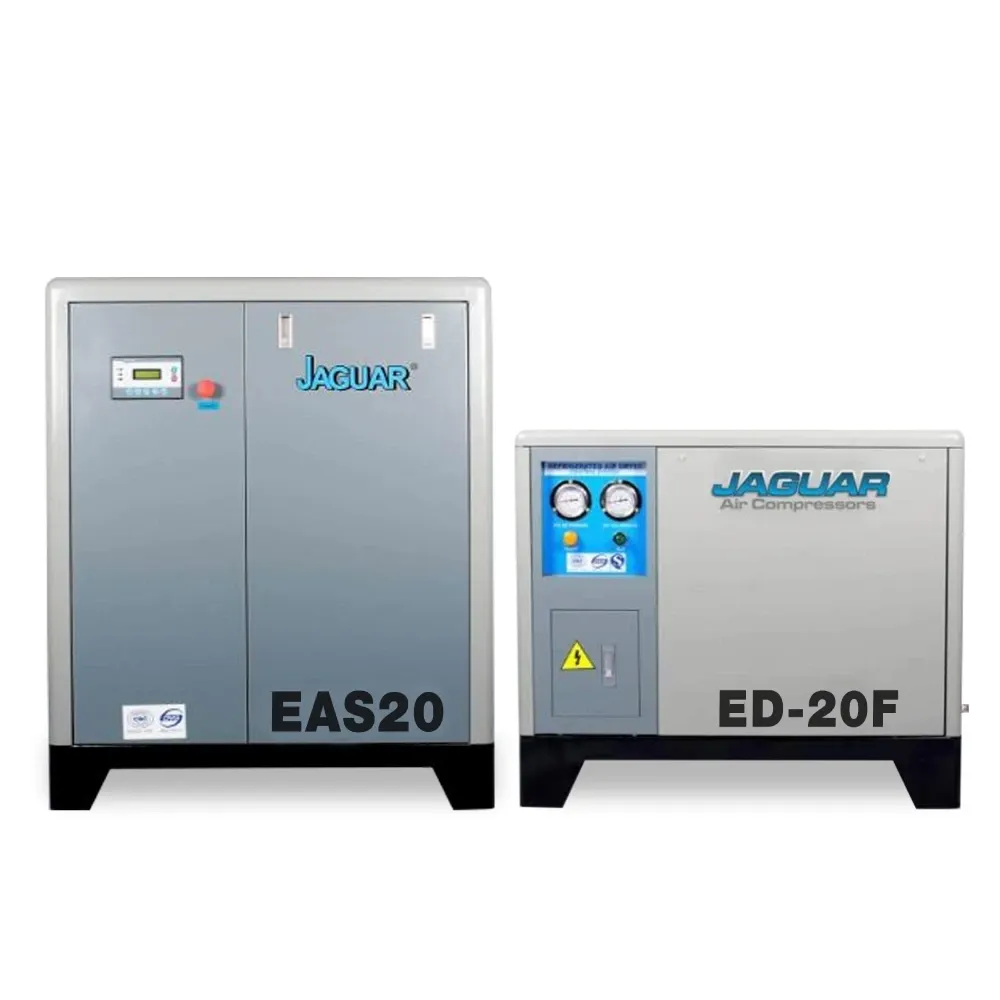 ตัวเครื่องปั๊มลมสกรู EAS20 คู่แอร์ดรายเออร์ ED-20F บนพื้นขาว