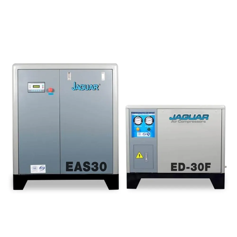 ตัวเครื่องปั๊มลมสกรู EAS30 คู่แอร์ดรายเออร์ ED-30F บนพื้นขาว