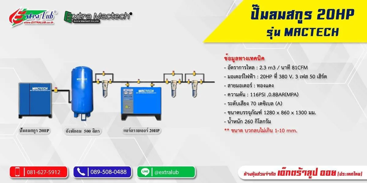 แบนเนอร์สเปกปั๊มลมสกรู 20HP อัตราการไหล 2.3 ม³/นาที 81 CFM น้ำหนัก 260 กิโลกรัม