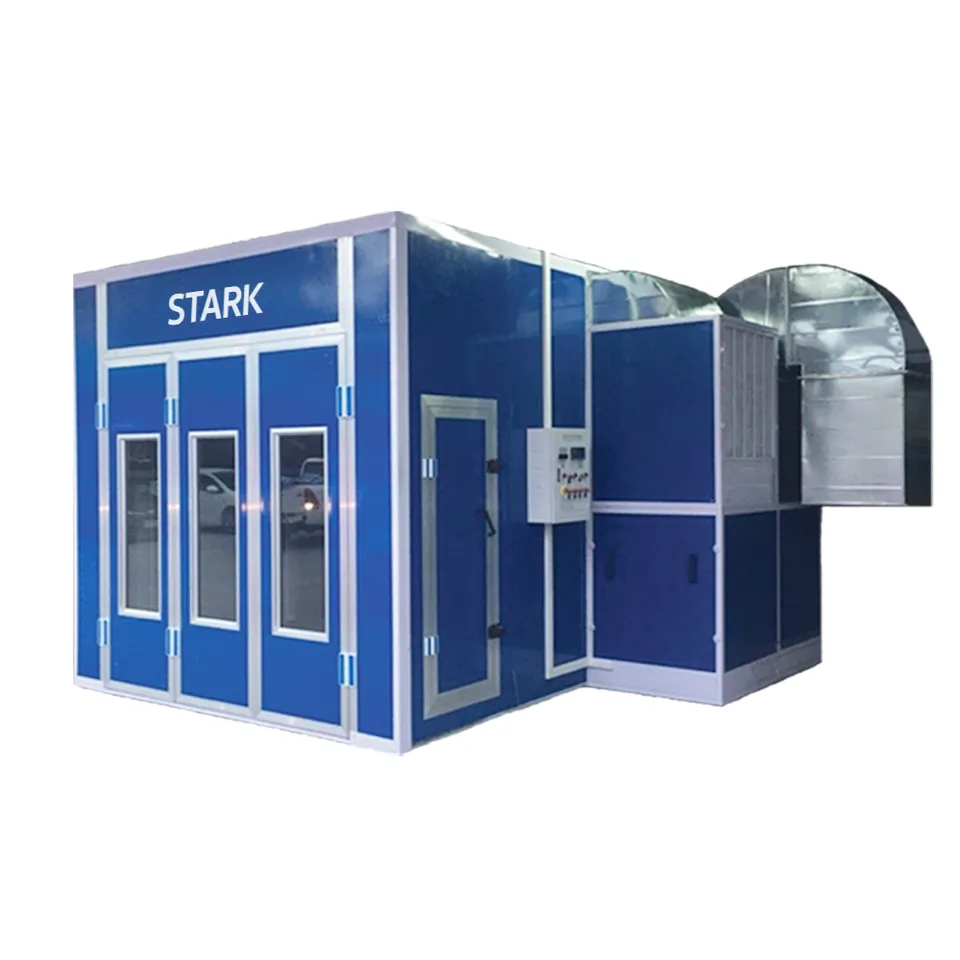 ห้องพ่นสีขนาดเล็ก STARK ระบบอินฟราเรด ตัวห้องสีน้ำเงิน ประตูหน้า 3 บาน และชุดพัดลมด้านข้าง