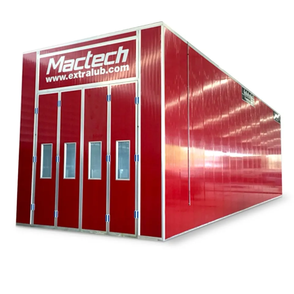ห้องพ่นสีรถบรรทุกรถทัวร์ Mactech สีแดง ยาว 15 เมตร ป้าย Mactech ด้านข้าง