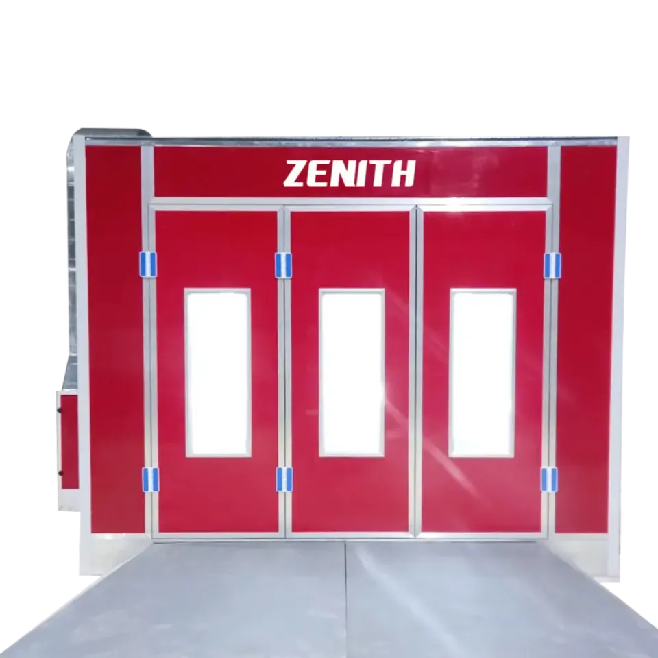 ห้องพ่นสี ZENITH สีแดง ป้ายชื่อด้านหน้า ประตูหน้า 3 บานพร้อมช่องกระจก
