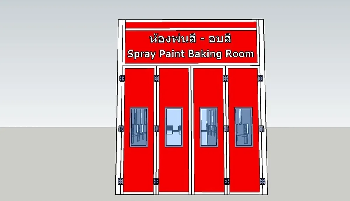 แบบ 3D ด้านหน้าห้องอบพ่นสีสีแดง ป้าย Spray Paint Baking Room