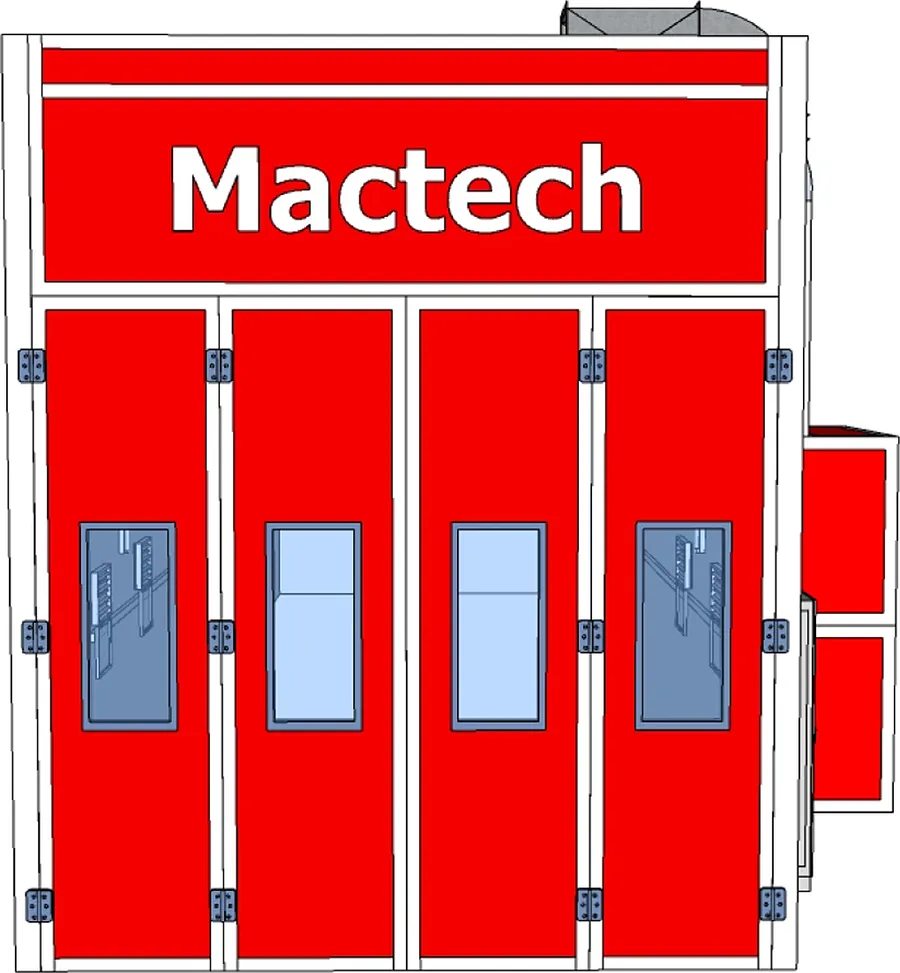 แบบ 3D ด้านหน้าห้องพ่นสี Mactech สีแดง ประตู 4 บาน