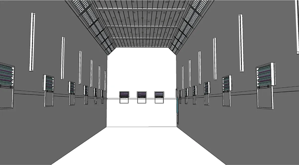 แบบ 3D ภายในห้องพ่นสี โคมไฟแนวยาวตามผนังทั้งสองด้าน