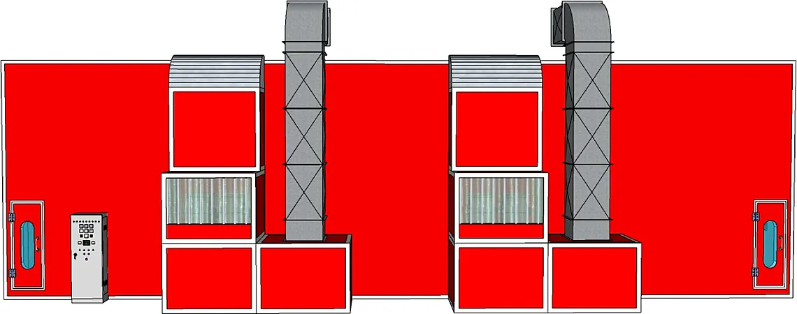 แบบ 3D ด้านข้างห้องพ่นสียาวสีแดง ชุดพัดลม 2 ชุด