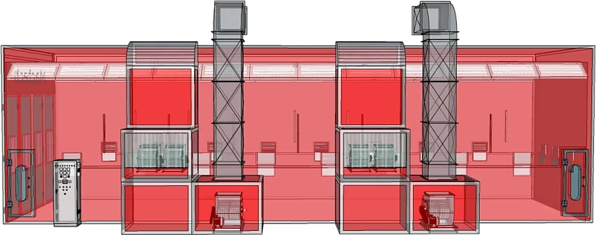 แบบ 3D โปร่งใสห้องพ่นสียาว แสดงตำแหน่งไฟและท่อลม