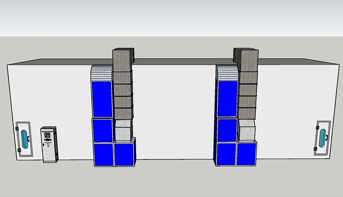 แบบ 3D ห้องพ่นสียาวสีขาวและน้ำเงิน ด้านข้าง