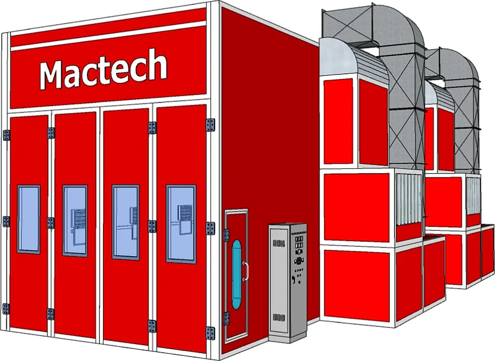 แบบ 3D ห้องพ่นสี Mactech สีแดง มุมเฉียง พร้อมท่อและพัดลมระบายอากาศด้านข้าง