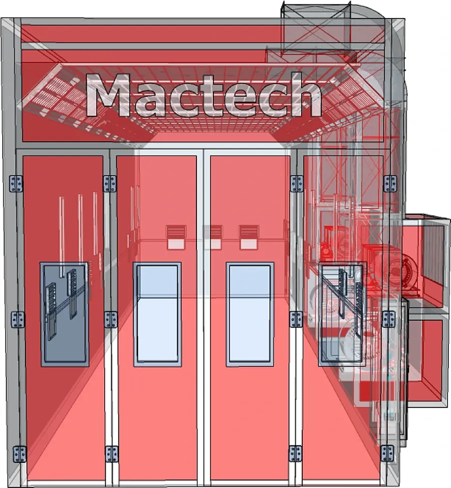แบบ 3D โปร่งใสด้านหน้าห้องพ่นสี Mactech และชุดพัดลมด้านข้าง