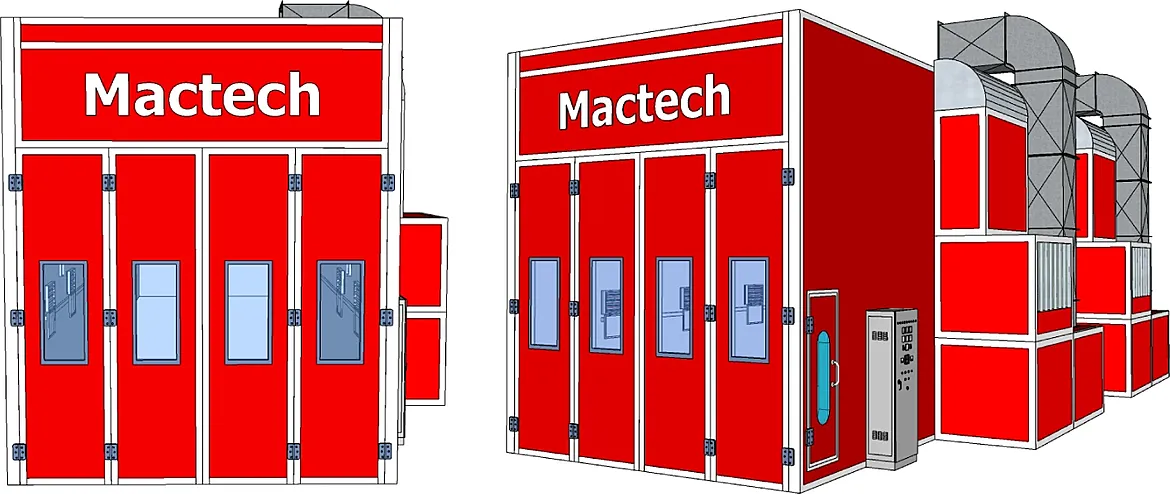แบบ 3D ห้องพ่นสี Mactech สีแดง 2 ห้อง มุมหน้าและมุมเฉียง