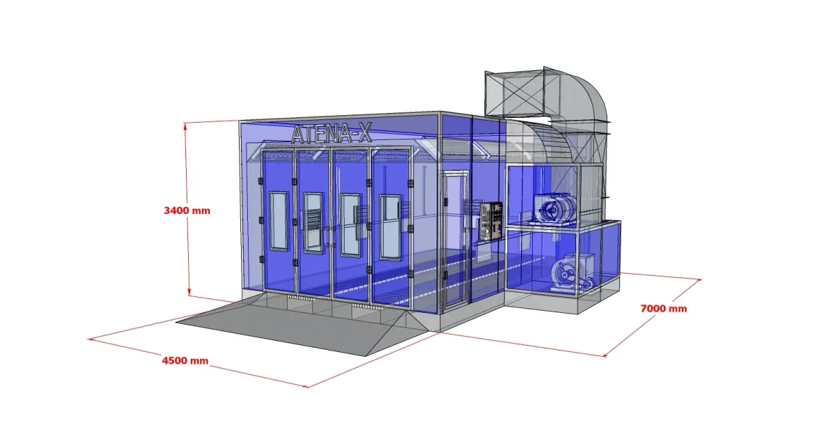 แบบร่าง 3D ห้องพ่นสี ATHENA-X พร้อมเส้นบอกขนาด