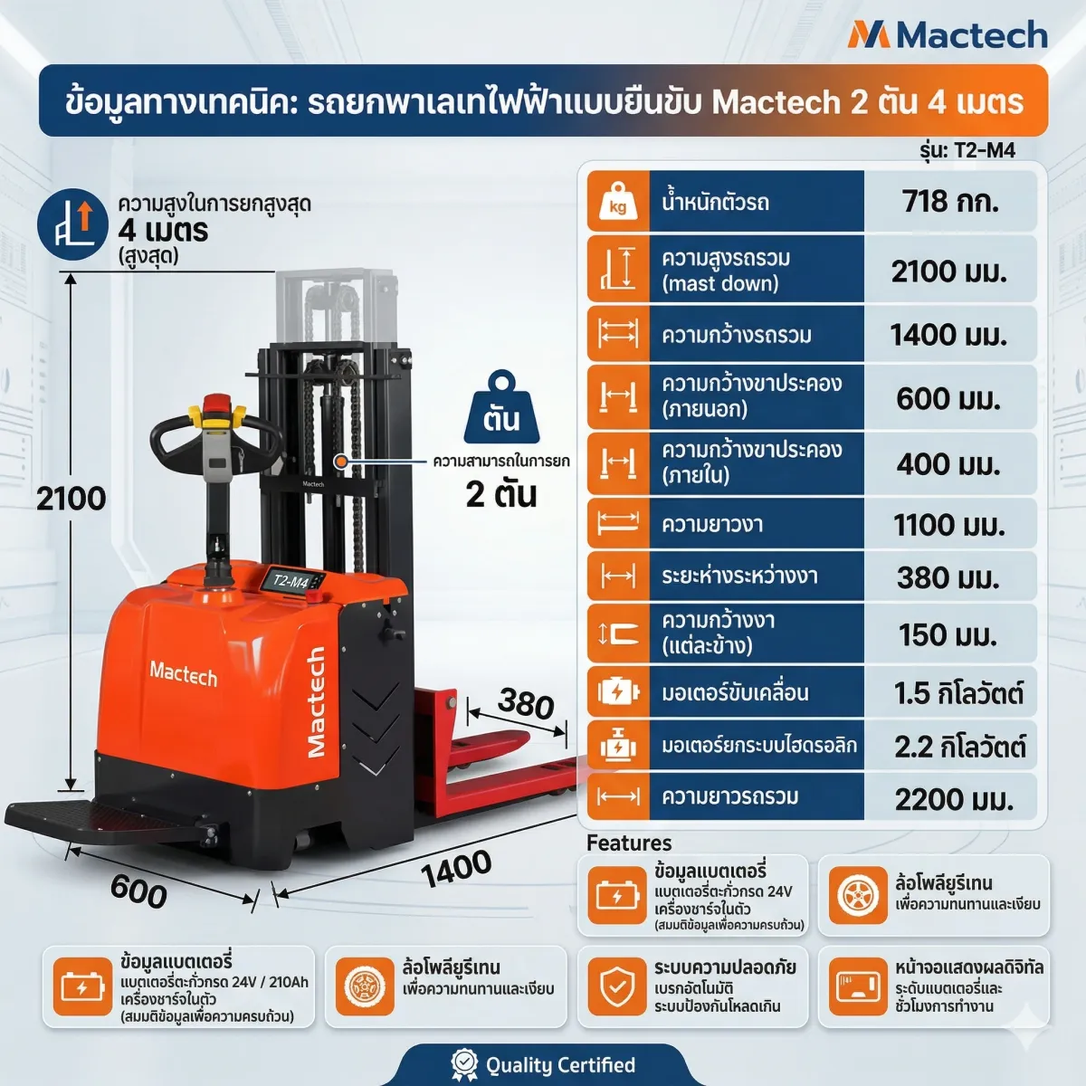 สเปกรถยกพาเลทไฟฟ้า 2 ตัน (4 เมตร)