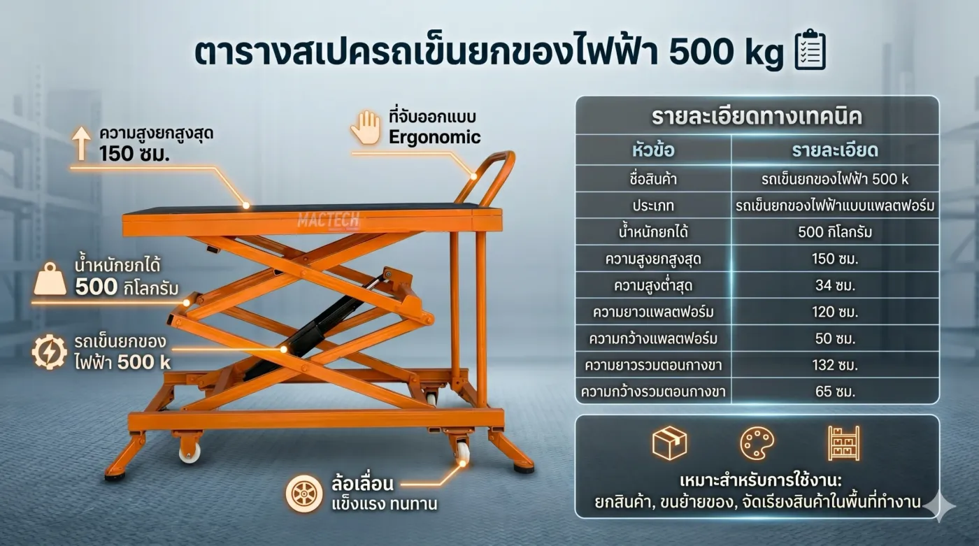 ตารางสเปกรถเข็นยกของไฟฟ้า 500 กก.