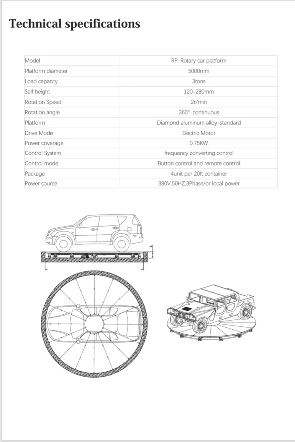 เอกสาร Technical specifications ของ RP-Rotary car platform พร้อมแบบด้านข้างและด้านบน