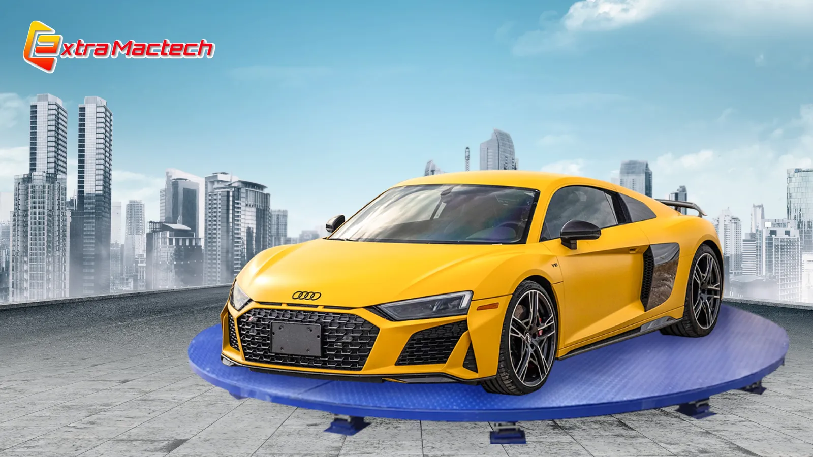 ภาพกราฟิกรถสปอร์ตสีเหลืองบนแท่นหมุนรถยนต์ Mactech สีน้ำเงิน ฉากหลังอาคารในเมือง