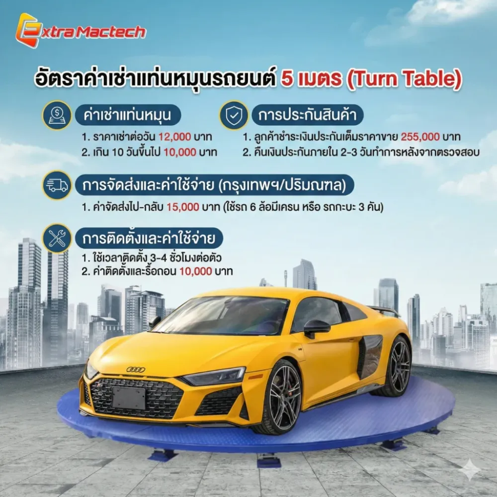 ภาพอัตราค่าเช่าแท่นหมุนรถยนต์ 5 เมตร: ค่าเช่า เงินประกัน การจัดส่ง และการติดตั้ง