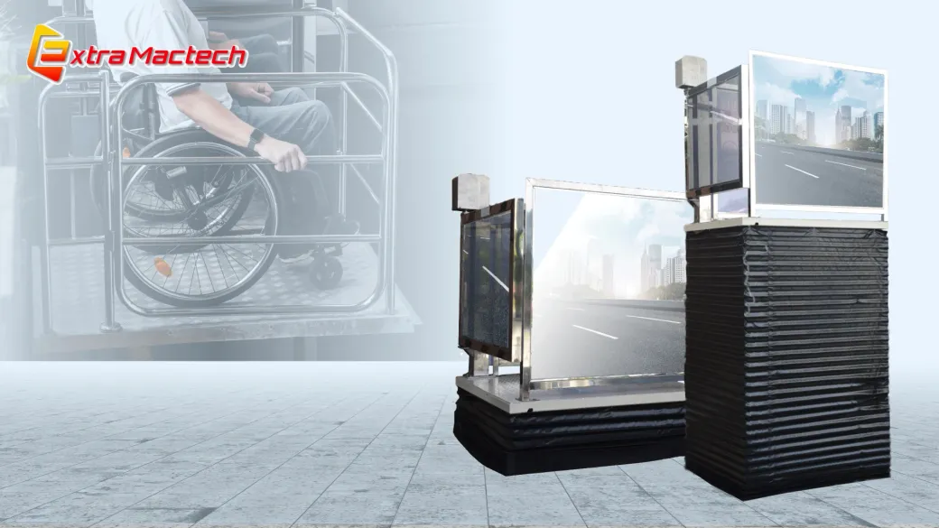ลิฟท์วีลแชร์ตู้กระจก Mactech 2 ขนาด ฐานผ้าพับสีดำ ฉากหลังเป็นผู้ใช้วีลแชร์บนแท่นลิฟท์ราวสแตนเลส