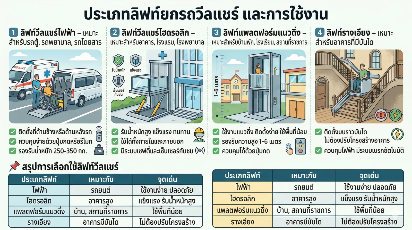 อินโฟกราฟิกประเภทลิฟท์ยกรถวีลแชร์และการใช้งาน 4 แบบ พร้อมตารางสรุปการเลือกใช้