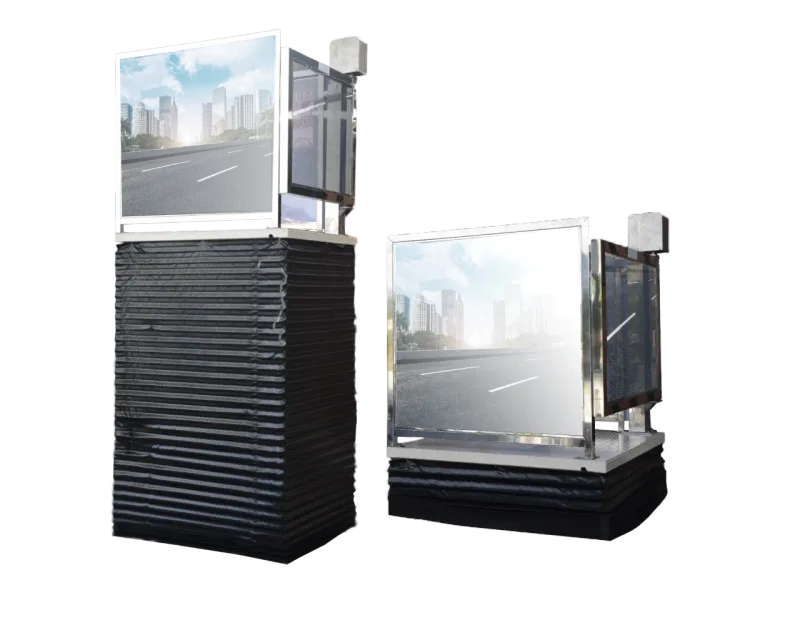 ลิฟท์วีลแชร์ตู้กระจก Mactech 2.5 เมตร ฐานผ้าพับสีดำ ภาพขณะยกสูงข้างหน่วยที่ลดต่ำ